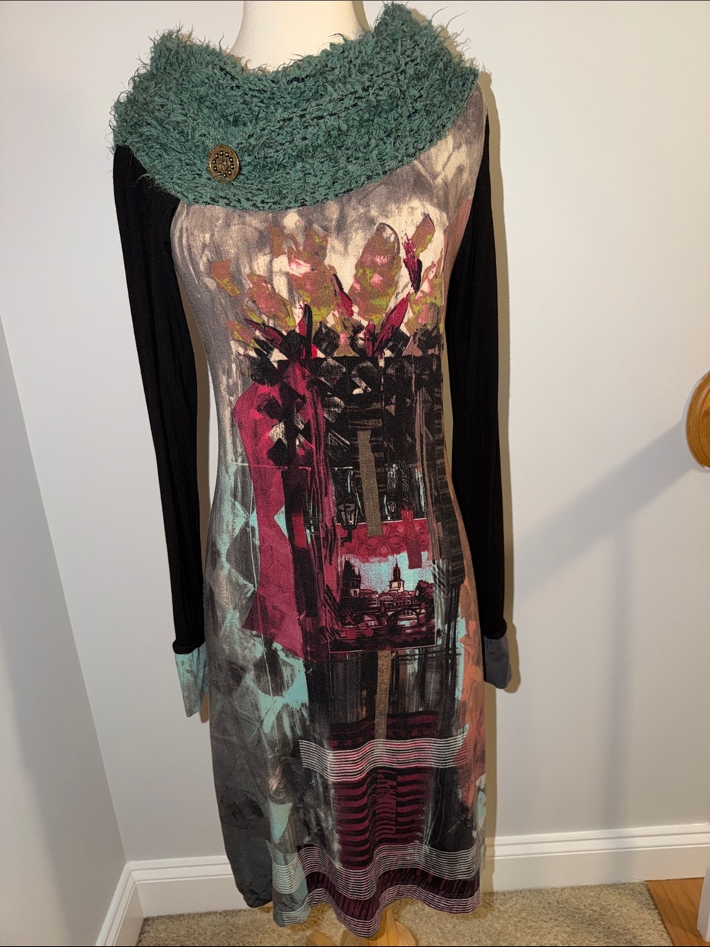 Save The Queen Long Sleeve Graphic Dress with Teal Knit Cowl and Black Sleeves